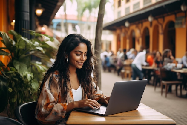 Garota colombiana com um laptop em um café Estilo de vida digital na Colômbia AI gerado