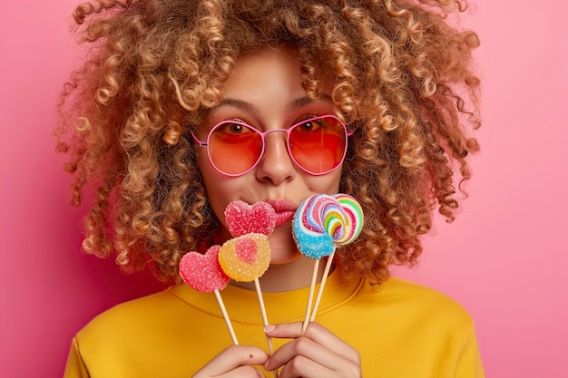 Foto garota com belos cabelos encaracolados morde doces coloridos