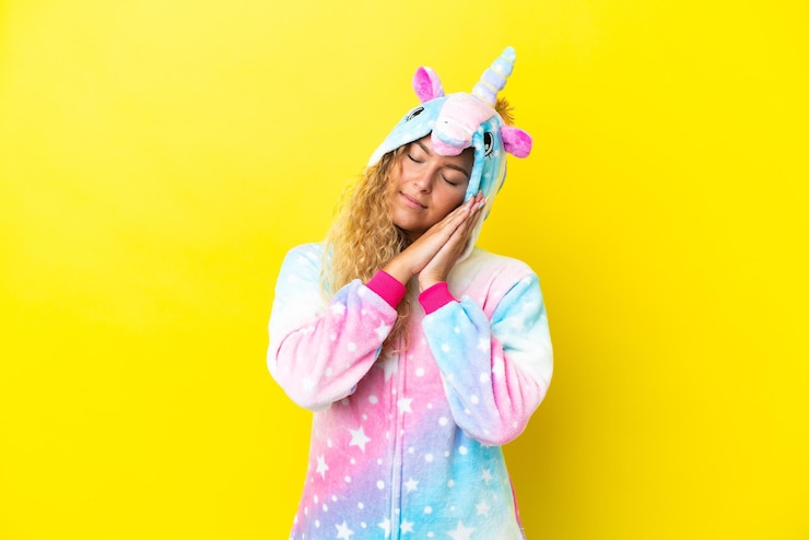 Foto garota com cabelo encaracolado, vestindo um pijama de unicórnio isolado em fundo amarelo, fazendo gesto de sono em expressão adorável