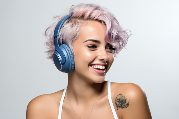 garota com cabelo rosa curto e fones de ouvido ouve música e sorri amplamente em um fundo branco