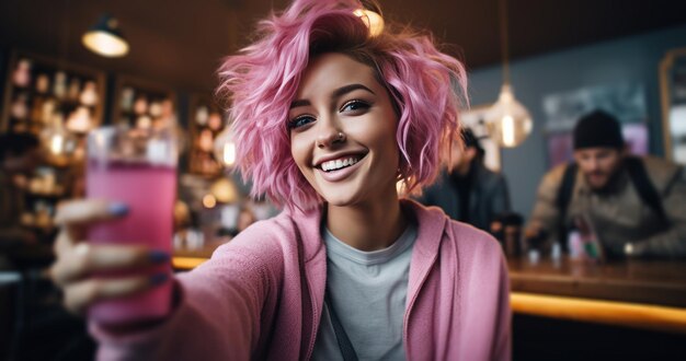 Foto garota com cabelo rosa segurando um smartphone tirando uma selfie no restaurante