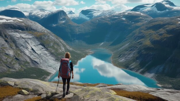 Foto garota com mochila em trolltunga na noruega gerar ia