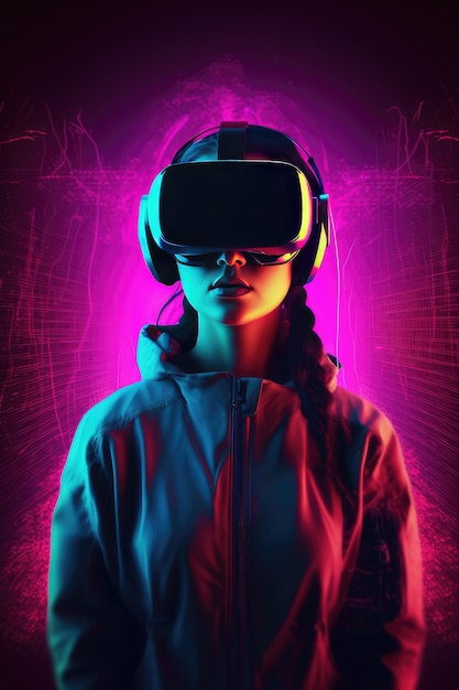 Garota com óculos de realidade virtual metaverso de luz neon