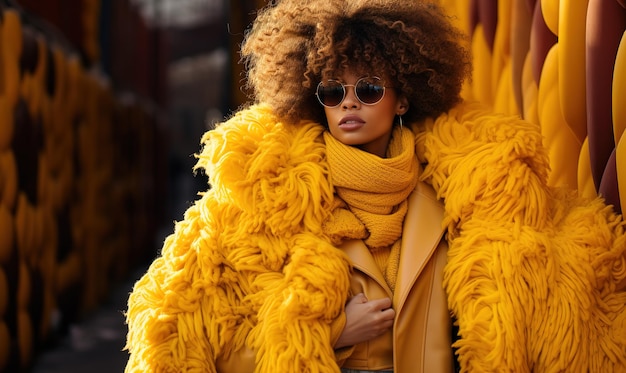 Garota com um elegante casaco de pele amarelo posando na rua