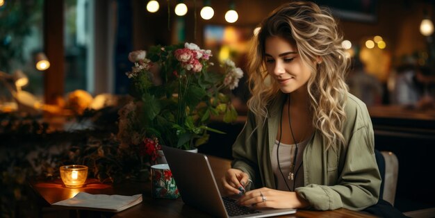 garota com um laptop em um café trabalho remoto IA generativa