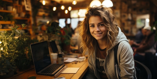 garota com um laptop em um café trabalho remoto IA generativa