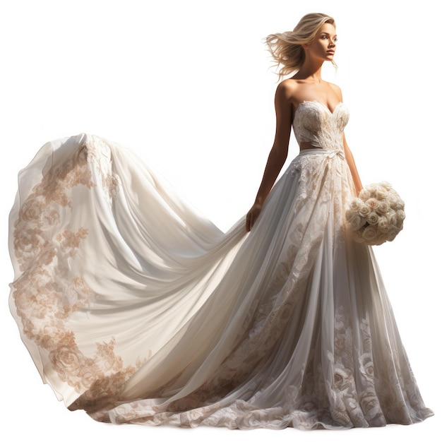 Garota com um lindo vestido de noite longo bege branco isolado