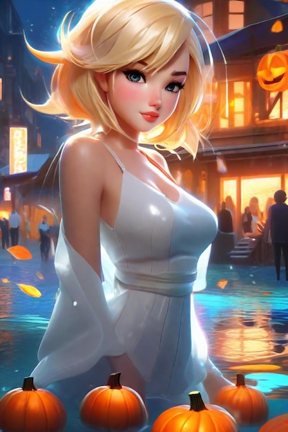 Garota coreana de beleza dinâmica de Halloween posa em vestido de camisola branca