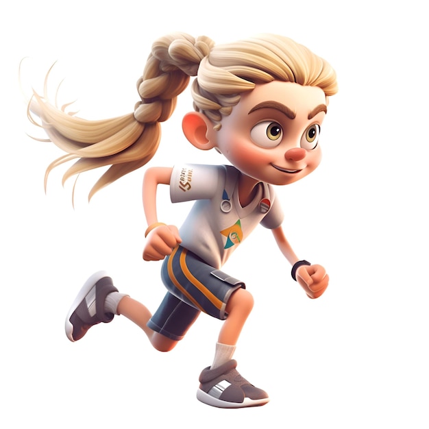 Garota correndo isolada no fundo branco Personagem de desenho animado renderização em 3d