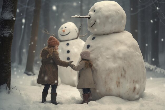 Foto garota criativa brinca com um grande boneco de neve, cenoura, geada, gera ai