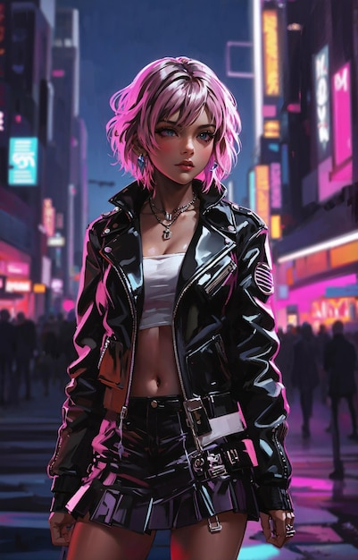 Garota Cyberpunk andando na cidade Cyberpunk