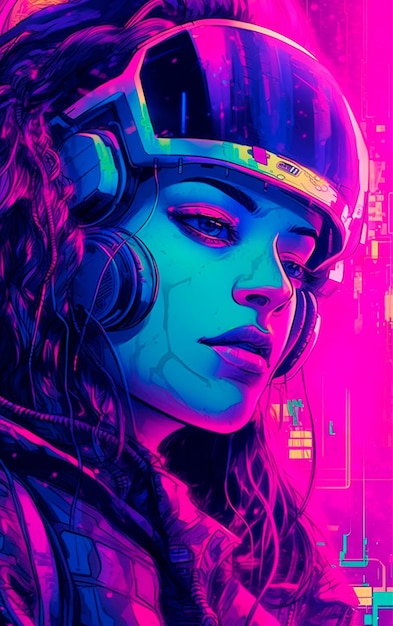 Foto garota cyberpunk com fones de ouvido em luzes azuis e amarelas rosa escuro