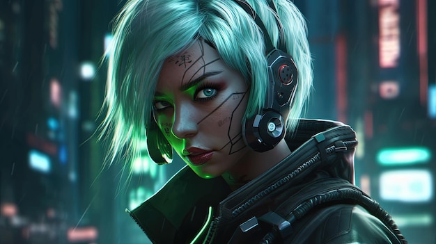 Garota cyberpunk com ilustração de arte digital de cabelo verde neon Generative AI