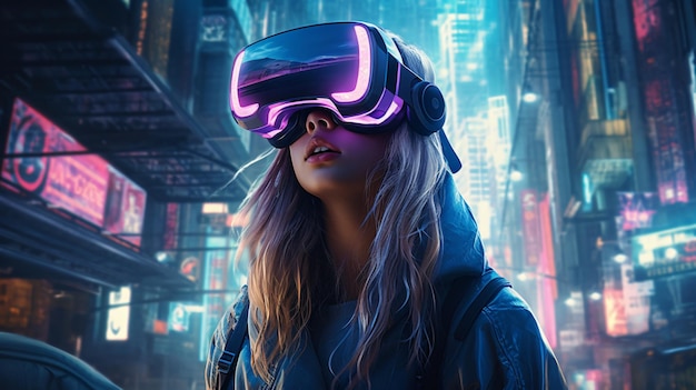Garota cyberpunk com óculos de realidade virtual