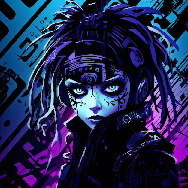 garota cyberpunk com olhos azuis e cabelo roxo