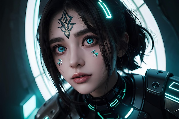 garota cyberpunk com olhos cibernéticos que brilham em cores neon