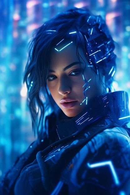 Garota Cyberpunk na Cidade Futurista Luzes de neon com tecnologia futurista