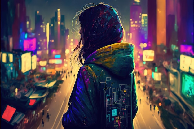 Garota cyberpunk Personagem feminino de cyberpunk olhando para a cidade noturna Jovem garota de pé e olhando para a cidade cyberpunk Pintura de ilustração de estilo de arte digital