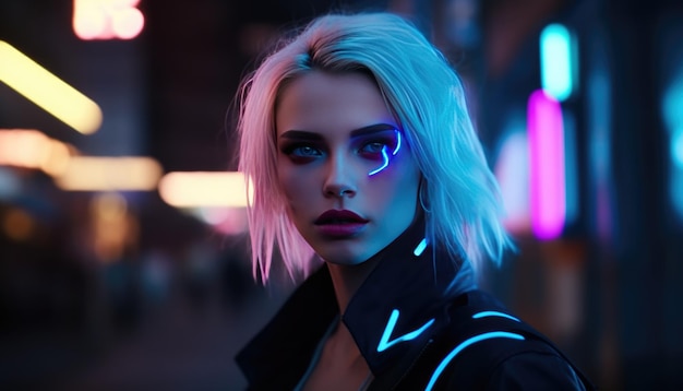 Garota cyberpunk vivendo em uma cidade neon Generative Ai