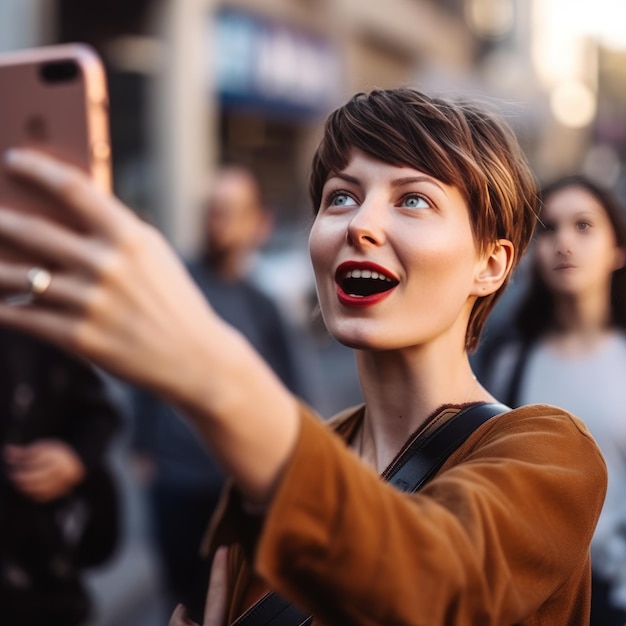 Foto garota da cidade feliz tirando uma selfie pública
