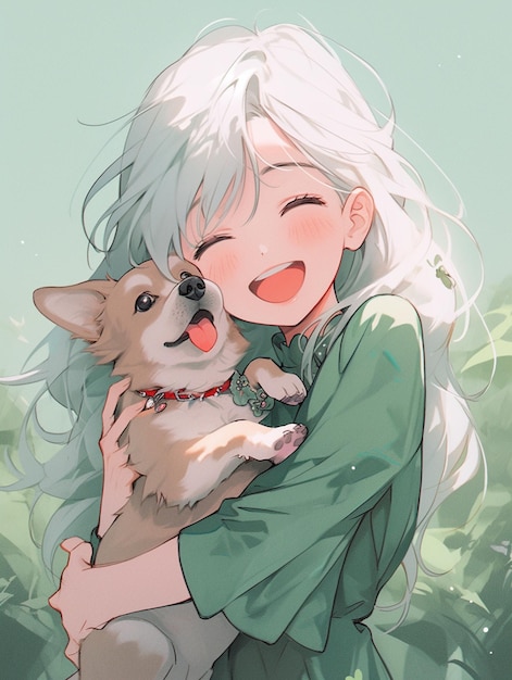 Garota de anime abraçando um cachorro com a língua de fora generativa ai