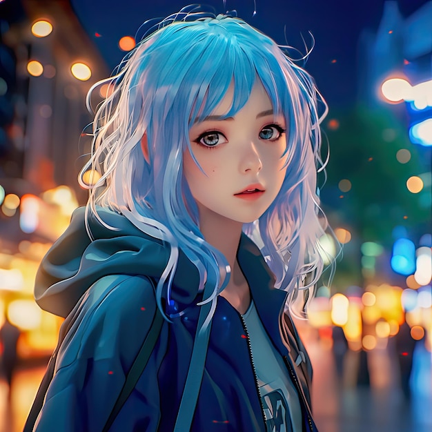 Garota de anime bonita de cabelo azul nas luzes da rua da cidade