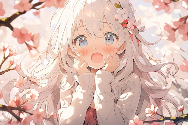 Foto garota de anime bonita e surpreendida com cabelos brancos cercada por flores de cerejeira sakura