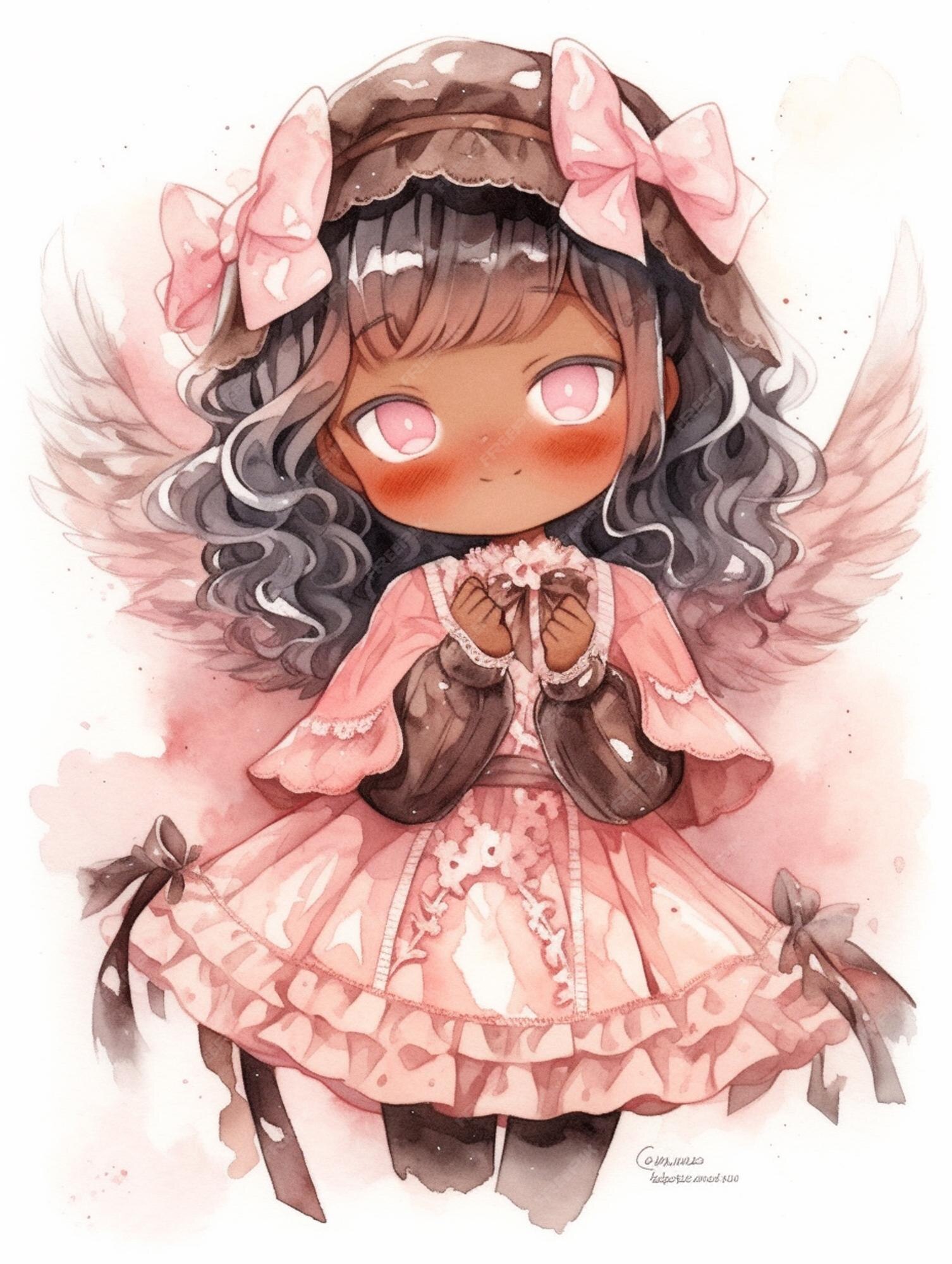 Desenho estilo anime de uma garota com asas de anjo e um vestido generativo  ai