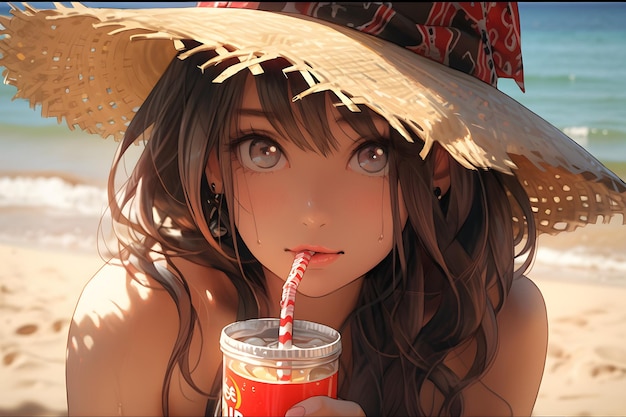 Foto garota de anime com biquíni em uma praia com uma coca-cola e aparência engraçada