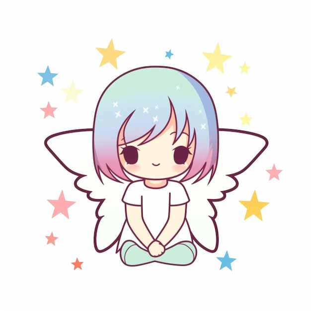 Foto garota de anime com cabelo azul e asas de anjo sentada no chão