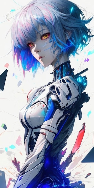 Garota de anime com cabelo azul e cabelo branco