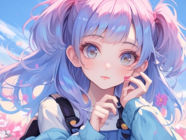 garota de anime com cabelo azul e cabelo rosa em um campo generativo ai