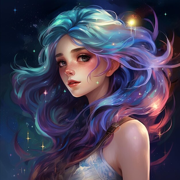 garota de anime com cabelo azul e cabelo roxo e estrelas no fundo generativo ai