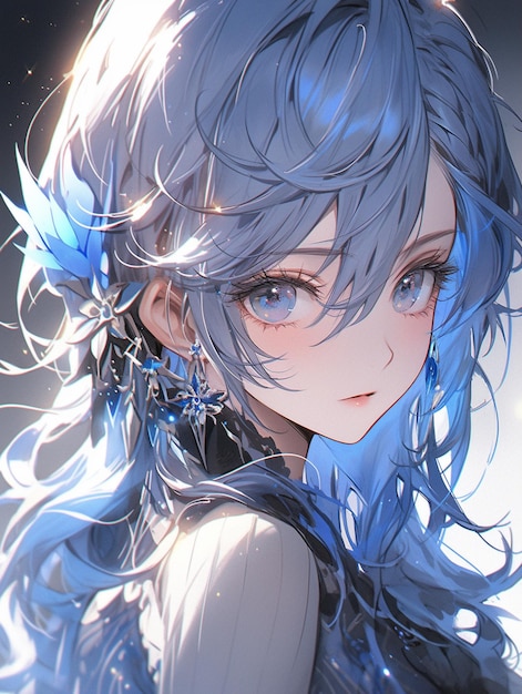 Garota de anime com cabelo azul e olhos azuis olhando para a câmera generativa ai