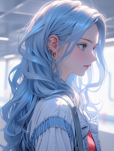 Garota de anime com cabelo azul e piercings olhando para longe da câmera generativa ai