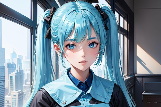 garota de anime com cabelo azul e uma camisa azul