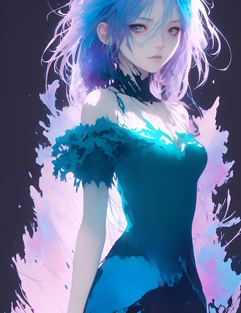 Garota de anime com cabelo azul e vestido azul