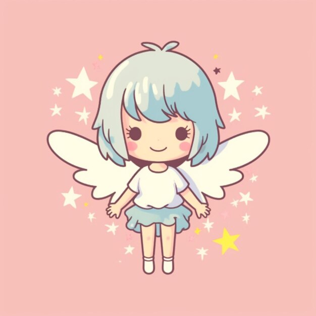 Foto garota de anime com cabelo azul e vestido branco com estrelas em fundo rosa