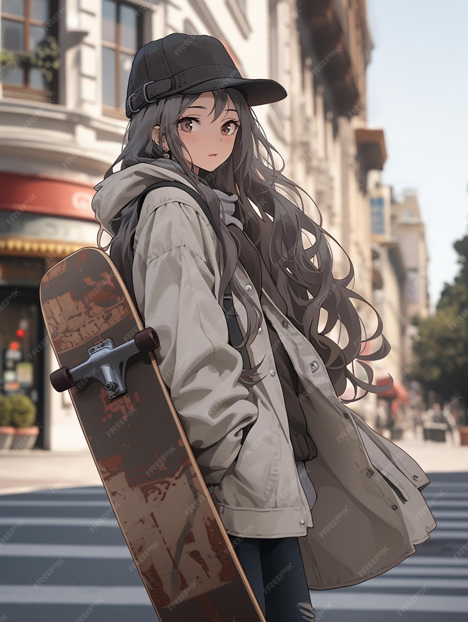 Garota de anime com cabelo comprido segurando um skate em uma rua da cidade  generativa ai