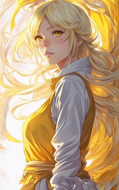 garota de anime com cabelo loiro usando um vestido branco e amarelo