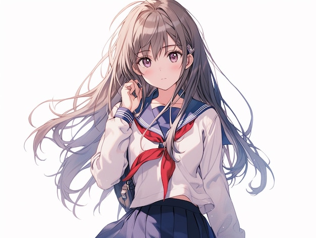 garota de anime com cabelo longo vestindo uma roupa de marinheiro e segurando um telefone celular