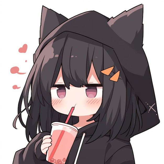 garota de anime com cabelo preto e um chapéu de gato preto bebendo uma bebida generativa ai