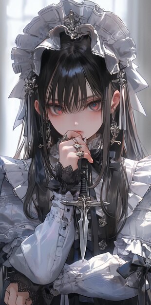 Foto garota de anime com cabelo preto e um vestido branco segurando uma faca