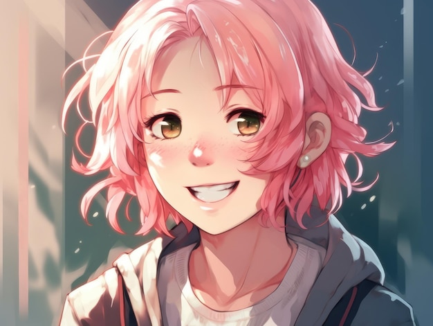 Garota de anime com cabelo rosa e um sorriso generativo ai