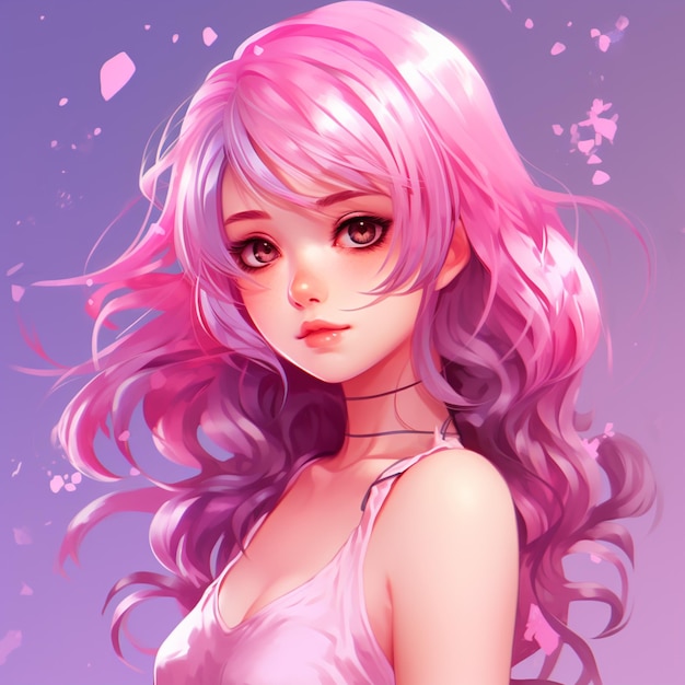 Foto garota de anime com cabelo rosa e vestido rosa com pétalas cor-de-rosa