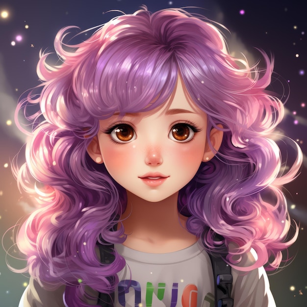 garota de anime com cabelo roxo e camiseta