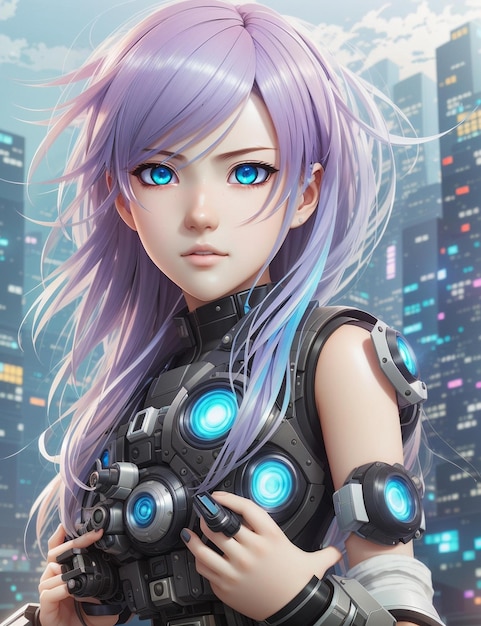 Garota de anime com cabelo roxo e olhos azuis