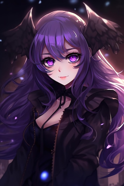 Garota de anime com cabelo roxo e olhos roxos com um guarda-chuva preto