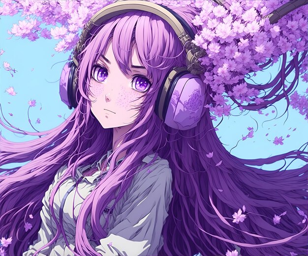 Garota de anime com cabelo roxo e olhos grandes e tristes · Creative Fabrica