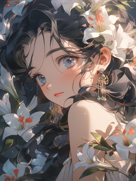 garota de anime com flores no cabelo e brincos na frente de um arbusto generativo ai